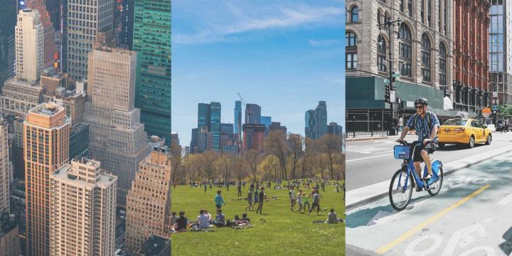 three images of New York buildings, Central Park and a man riding a bike 