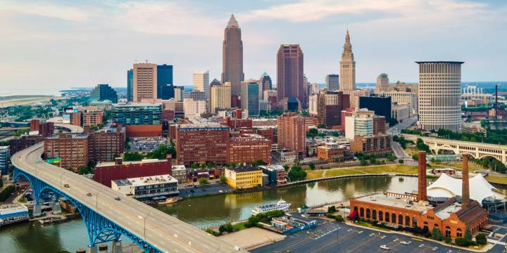 cleveland ohio skyline with industrial buildings