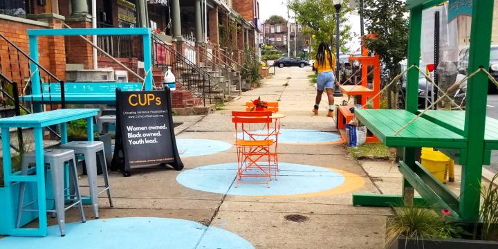 painted sidewalk and seating area placemaking project