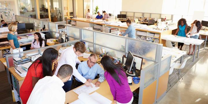 diverse co-workers working in an open office layout