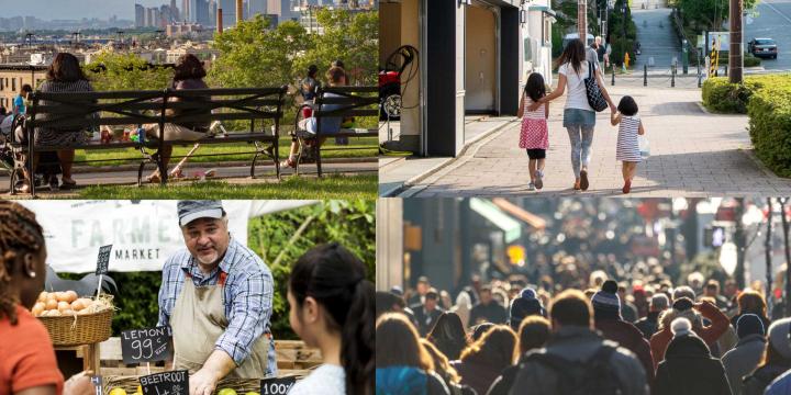 collage of images with families, a crowded sidewalk, and a farmer's market