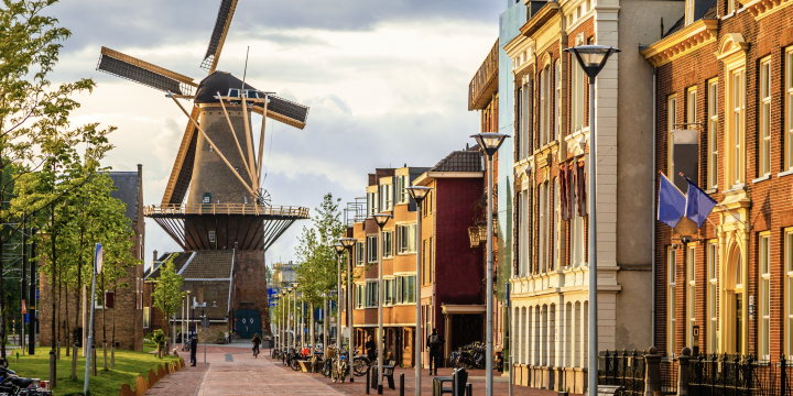 Dutch auto-te-gast street with windmill in background