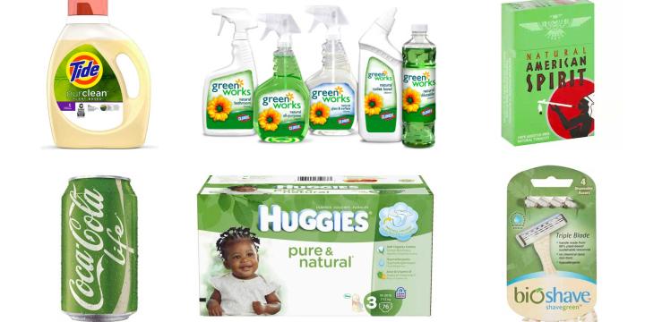 variety of products such as household cleaners and cigarettes with green labels 
