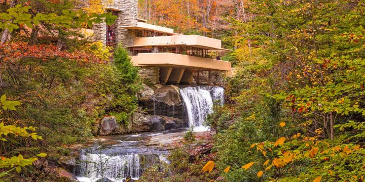 modern house called Falling Water by architect Frank Lloyd Wright