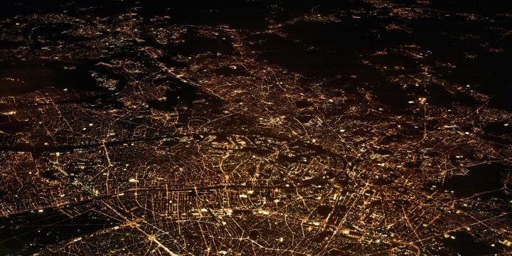 aerial view of a city at night