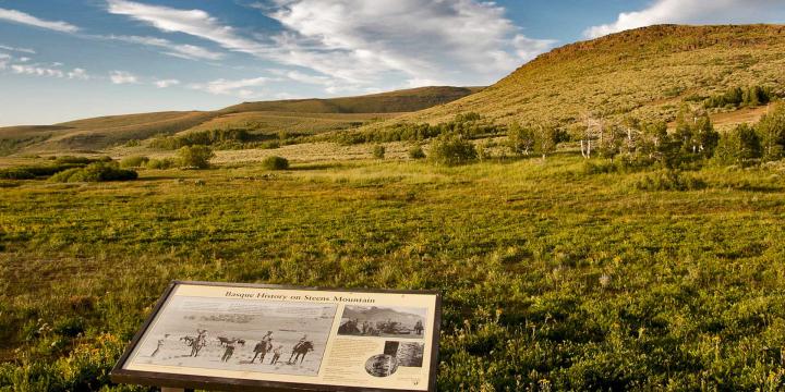 interpretive sign in the foreground with nature and hills in the background