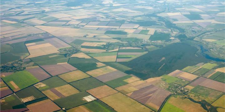 aerial view of rural farm land 