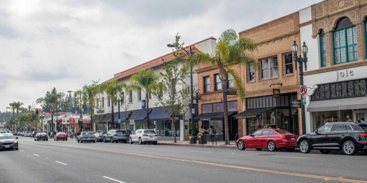 cars parked along curb in Old Town Pasadena California