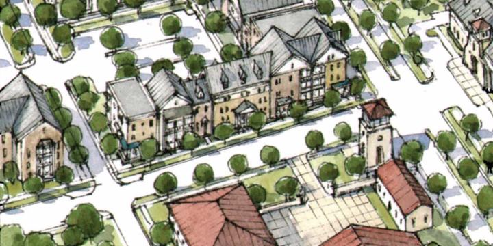 rendering of city streets and buildings