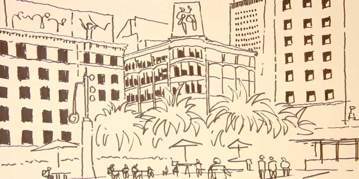 ink drawing of buildings and people in foreground