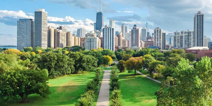 park with city skyline in background