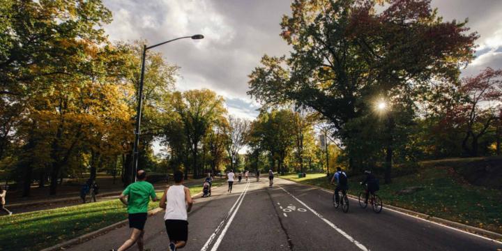 runners and bicyclists in park