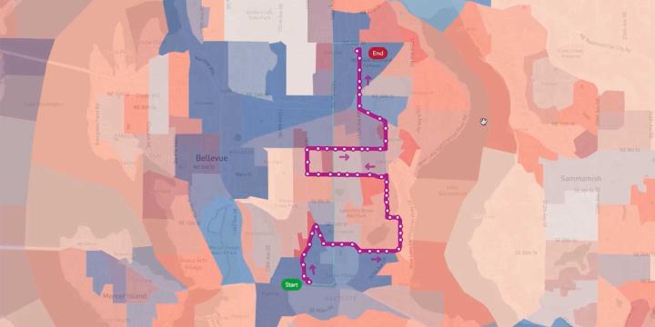 transit route designed using remix transit planning platform for urban planning course