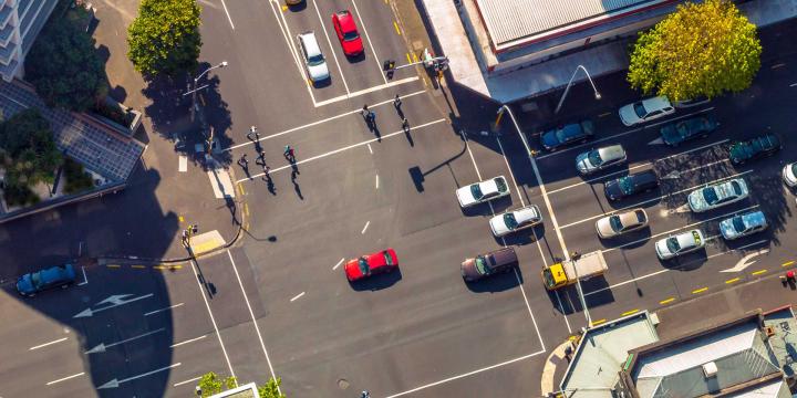 aerial view of cars at large intersection