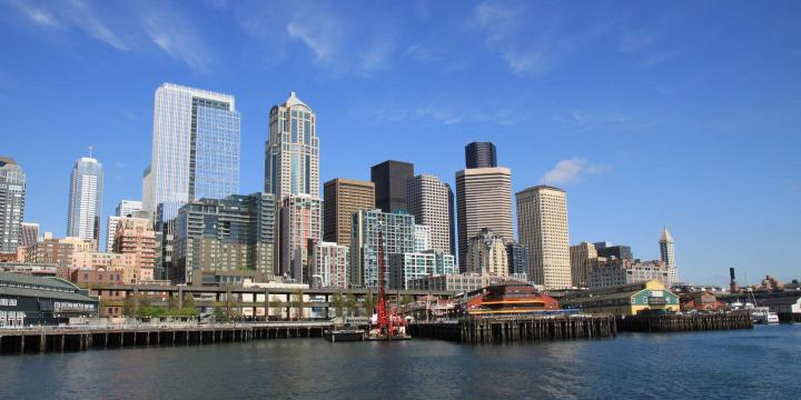 water dock with buildings in background