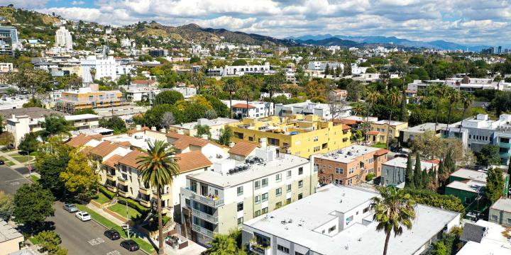 aerial of los angeles apartments and housing 