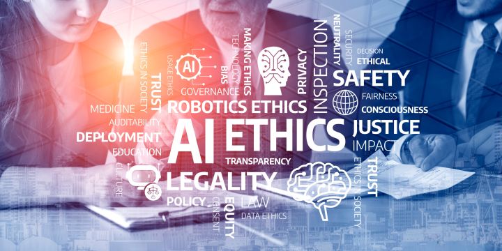 Image of people gathered around a clipboard and papers with AI Ethics, legality, justice, etc words