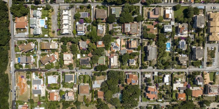 An overhead view of a suburban neighborhood.