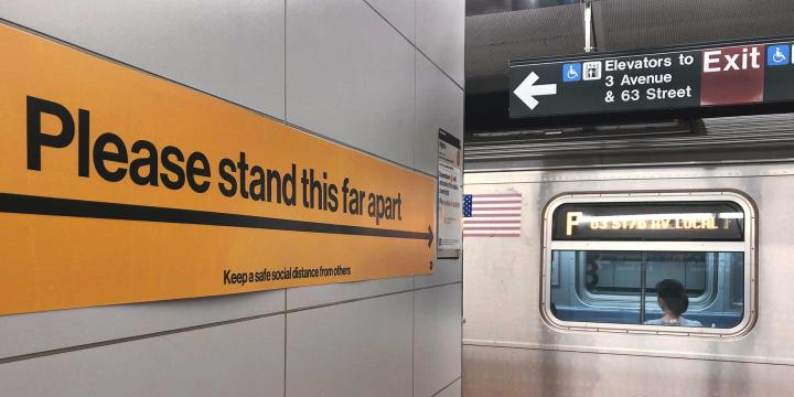 sign in subway station that reads "Please stand this far apart"