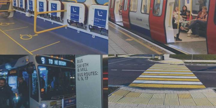 examples of universal design which include bus stop sign with large letters, public transit space for wheelchair bound people