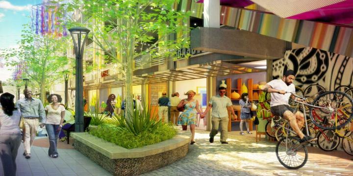 mixed-use development with people walking, retail stores