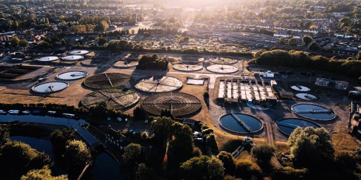 Aerial shot of a sewage water treatment plant.