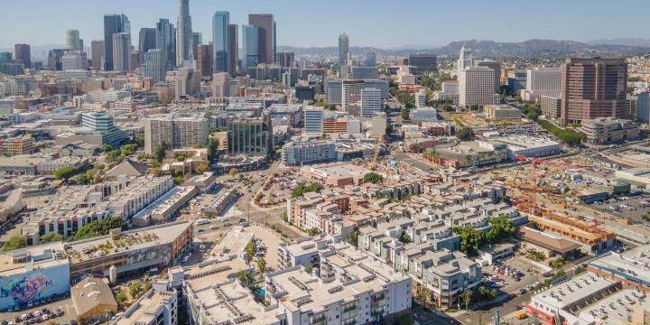 aerial of los angeles with apartment buildings 